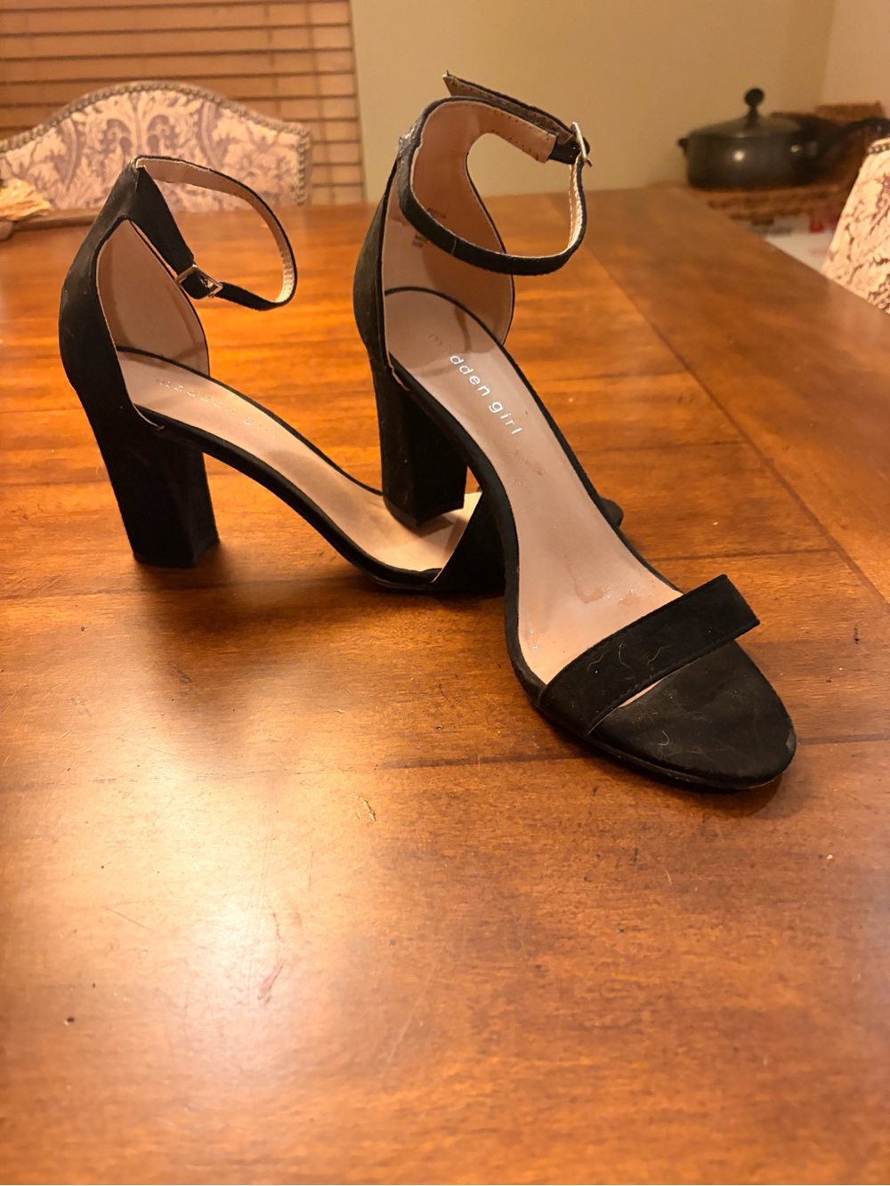 Madden Girl Black Suede Block Heel Ankle Strap Sandals